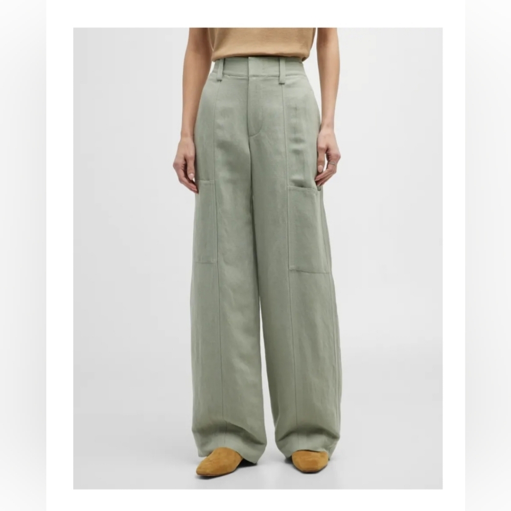 $495 Vince Wide Leg Utility  Pant Linen Blend Mist Green NWT Size 12